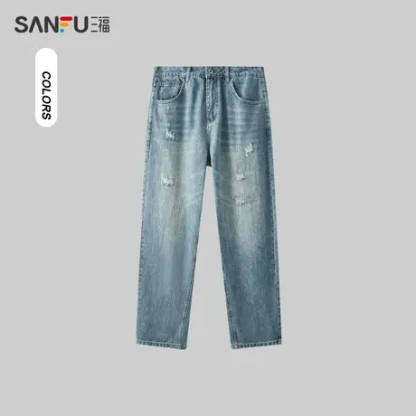 三福2023冬男士潮流破洞锥形牛仔裤 时尚直腰复古长裤男476221商品大图