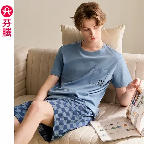 芬腾男士睡衣纯棉夏薄款短袖套头套装青年宽松休闲全棉大码家居服商品大图