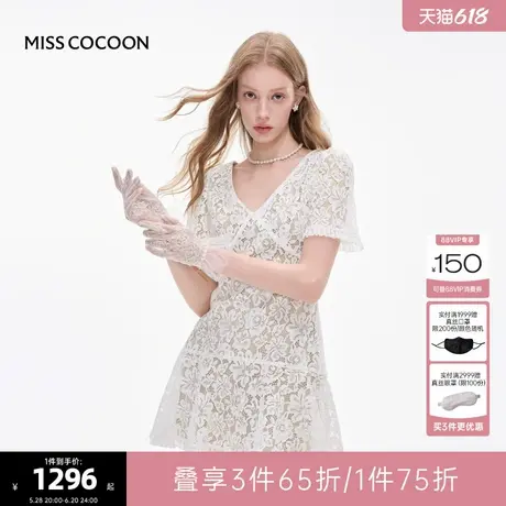 MISSCOCOON可可尼V领裙子女2025夏季新款法式A字白色蕾丝连衣裙图片