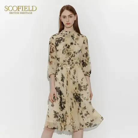 Scofield女装半高领印花连衣裙七分袖垂感收腰裙子夏季裙子图片