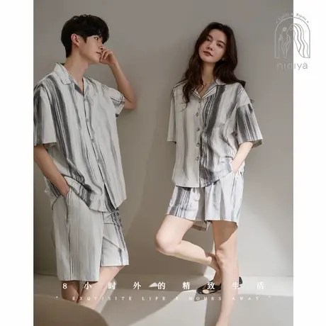 妮狄娅情侣睡衣女夏季凉感柔软棉短袖男简约开衫短裤款家居服套装商品大图
