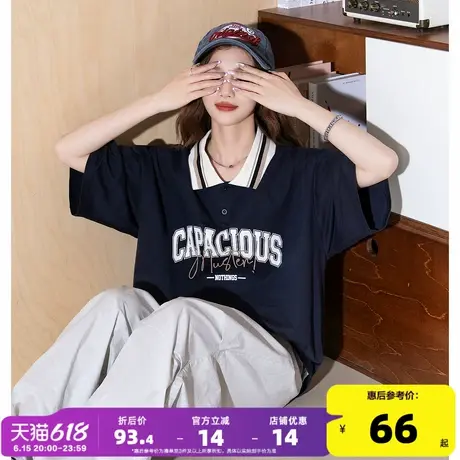 唐狮2025年夏季新款短袖polo衫女藏青t恤宽松百搭别致美式学院风商品大图