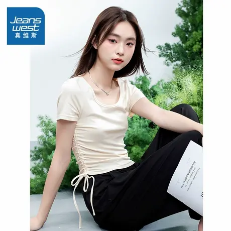 NOB真维斯短款短袖t恤女夏季2025新款修身正肩半袖抽绳设计感上衣商品大图