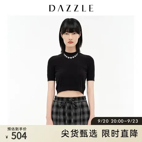 DAZZLE地素奥莱 黑色小众镂空针织衫短袖上衣女2D3E3041A商品大图