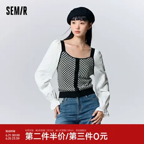 森马长袖衬衫女短款拼接泡泡袖优雅少女感秋修身方领提花上衣显瘦图片