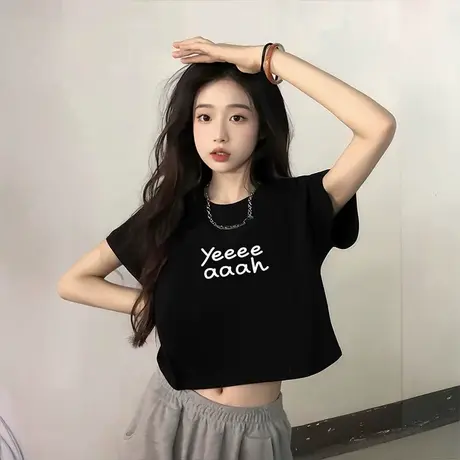 欧货黑色甜美短袖T恤ins美式炸街独特漂亮短款露脐上衣女纯欲小衫图片