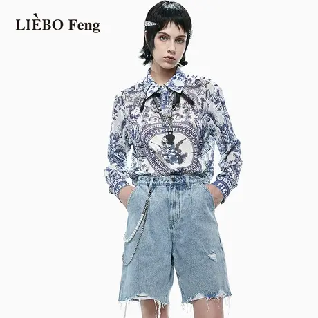 裂帛LIEBOFeng小众原创宫廷印花小衫盐系宽松青花瓷艺术感衬衫女图片
