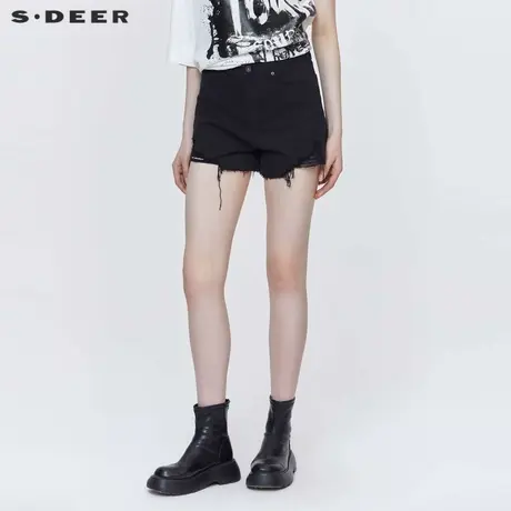 sdeer圣迪奥女装个性高腰插袋破洞做旧A字短裤S24280905商品大图