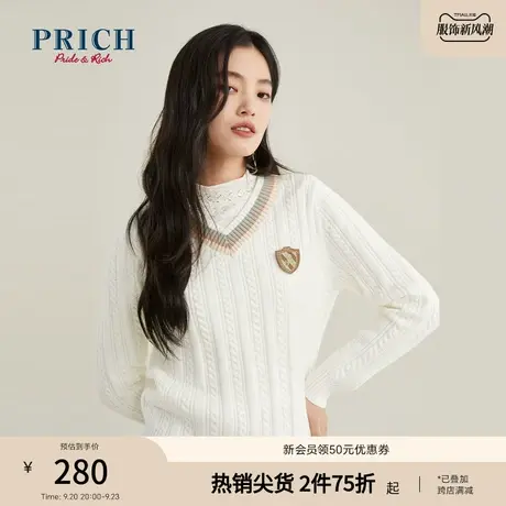 PRICH【商场同款】冬季新款时尚休闲V领学院风针织衫毛衣图片