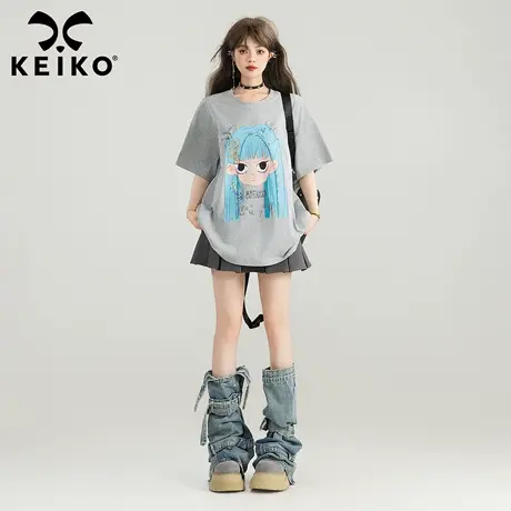 KEIKO 二次元卡通印花灰色短袖t恤女夏季慵懒风凉感显瘦半袖上衣商品大图
