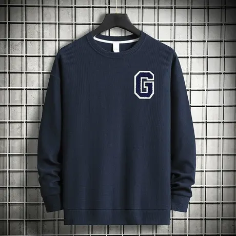 华夫格卫衣男2023新款春秋季圆领长袖t恤潮牌潮流宽松无帽上衣服图片