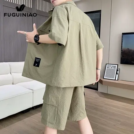 富贵鸟休闲运动套装男士工装短袖衬衫夏季新薄款潮流五分裤男一套图片