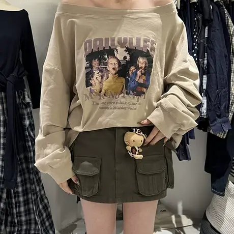 2025早秋新款韩版时尚设计感宽松显瘦美式一字肩卫衣女薄款上衣潮商品大图