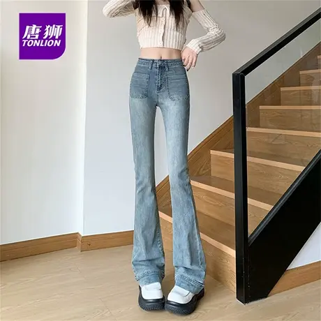 唐狮高腰微喇牛仔裤女秋季2025年新款修身显瘦紧身拖地喇叭裤子AX商品大图