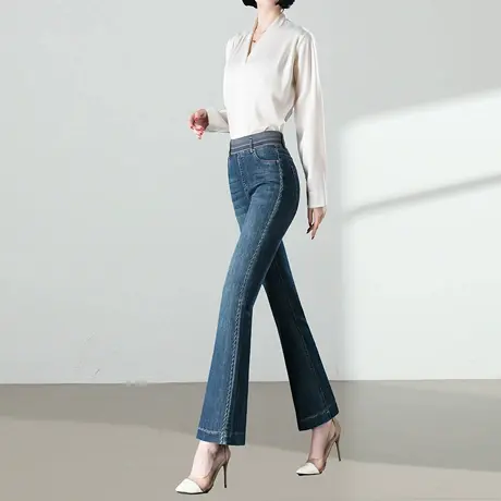 九分牛仔微喇裤女2025春秋季新款高腰修身显瘦松紧腰弹力喇叭裤子商品大图