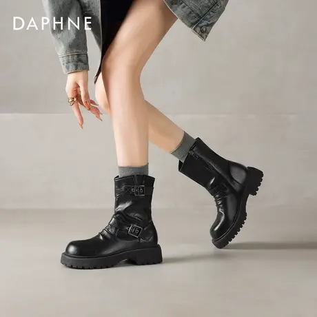 达芙妮厚底短靴子2025新款秋季黑色排扣中筒马丁靴西部牛仔骑士靴商品大图