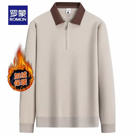 罗蒙男士纯色翻领日常简约卫衣2025冬季新款加绒保暖拉链领套头衫商品大图