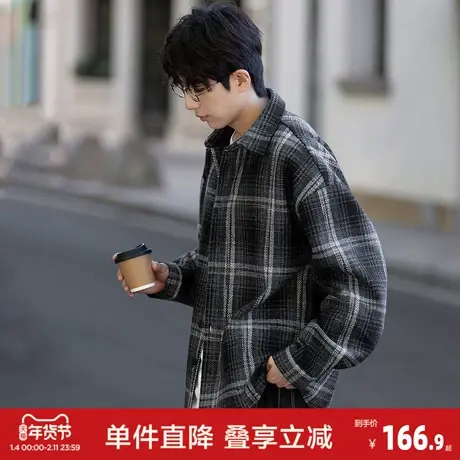 唐狮2026秋冬长袖衬衫男士翻领时尚格子复古短款休闲厚衬衫潮流图片