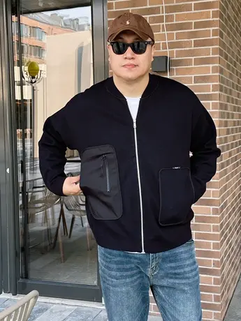 大依无忧秋新款拼接潮胖子加肥加大码男士棒球领针织毛衣开衫外套图片