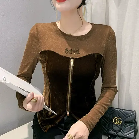设计感开叉拉链拼接上衣性感网纱圆领T恤女长袖欧货修身外穿小衫商品大图