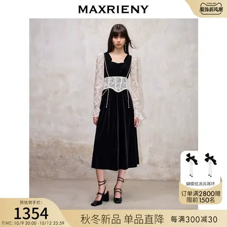MAXRIENY法式宫廷复古风拼接蕾丝丝绒连衣裙2023冬季新款收腰裙子图片