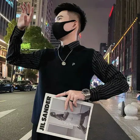 秋冬季个性衬衫领拼接假两件毛衣2023轻熟潮牌条纹针织衫休闲上衣商品大图