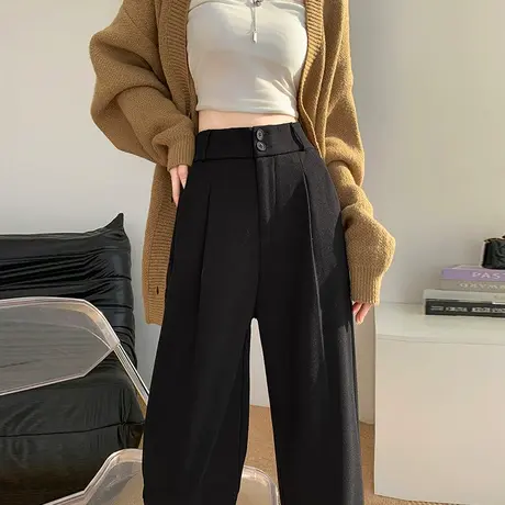 毛呢阔腿西装裤女冬季加绒加厚高腰垂感压褶小个子显瘦拖地直筒裤商品大图