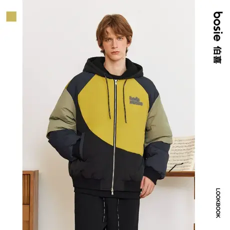 【商场同款】bosie2023冬新款连帽羽绒服男情侣撞色摇粒绒厚外套图片