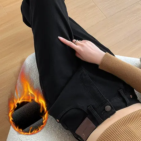 加绒直筒牛仔裤女2023新款高腰显瘦小个子宽松薄绒九分卷边烟管裤商品大图