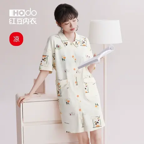 红豆睡裙女凉感短袖衬衫领印花夏季家居服甜美宽松可外穿棉质睡衣商品大图