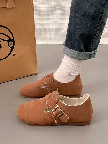 勃肯鞋女加绒2023年新款秋冬一脚蹬保暖复古大头单鞋外穿毛毛棉鞋图片