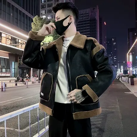 冬季加绒翻领皮棉衣外套男潮牌撞色个性棉袄2022新款袄子男装棉服图片