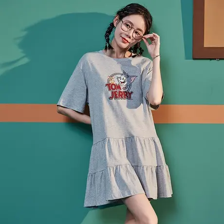 [猫和老鼠]唐狮短袖T恤裙女装短款花苞裙子夏季宽松连衣裙小个子图片