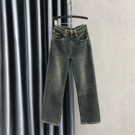 23秋冬新款深蓝色个性贴布设计感复古百搭加绒加厚牛仔直筒长裤女图片