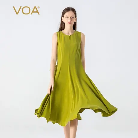 VOA30姆米重磅桑蚕丝橄榄绿圆领荷叶边无袖宽松腰淑女真丝连衣裙图片