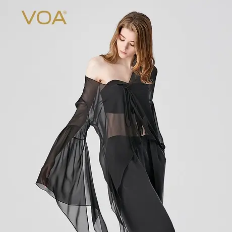 VOA桑蚕丝乔其纱黑色V领长袖系带宽松灵动直筒尖角下摆真丝外套商品大图