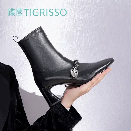 蹀愫玛丽珍链条羊皮瘦瘦时装靴短踝靴子粗跟女TA32703-12t商品大图