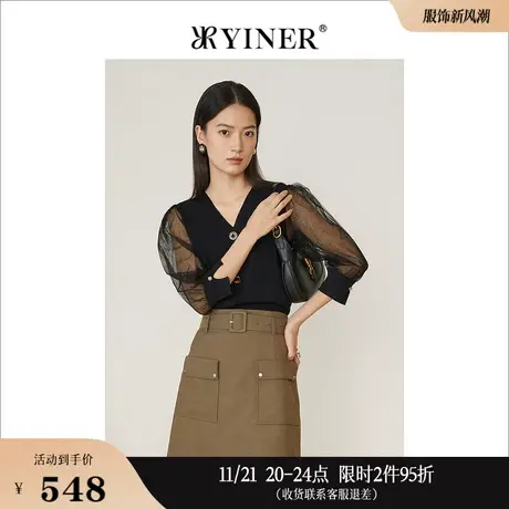 YINER音儿专选女装春季细闪灯笼网纱袖拼接V领针织衫上衣商品大图