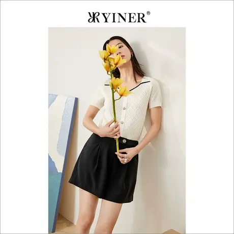 YINER音儿女装2022夏季新款撞色短袖方领针织开衫商品大图