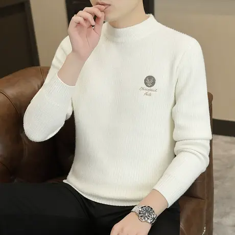 秋冬季水貂绒男士毛衣冬季线衣青少年学生刺绣打底针织衫保暖潮流商品大图