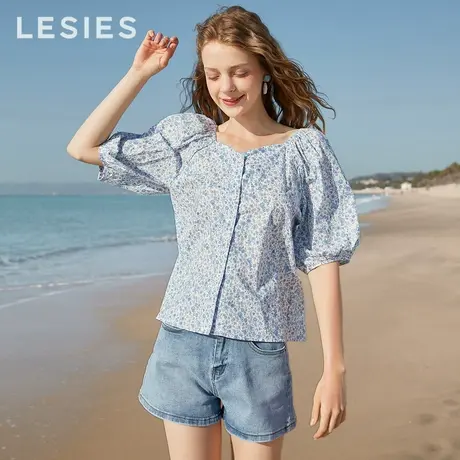 蓝色倾情夏秋新款 蓝色碎花法式泡泡袖V领上衣设计感小众衬衫图片