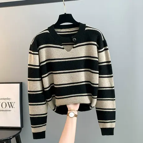 时尚气质百搭圆领撞色设计感针织衫秋冬新款别致条纹长袖套头毛衣商品大图