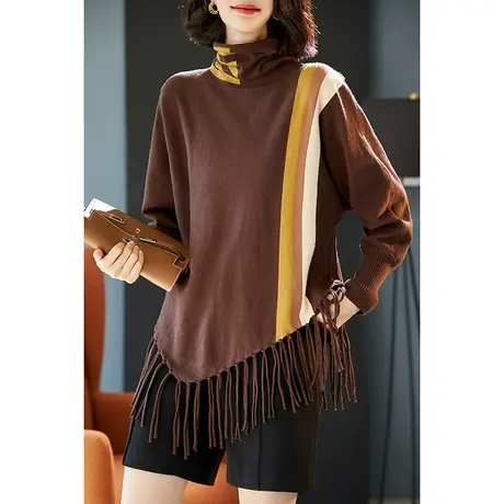 宝诗黎高领流苏条纹针织衫2024春季新款小众设计感宽松打底毛衣女商品大图