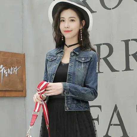 牛仔外套女短款修身韩版潮显瘦学生长袖春秋牛仔服上衣大码破洞5商品大图
