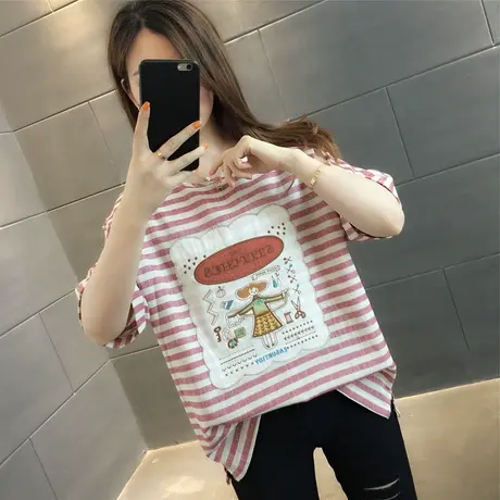棉麻女装2023夏装新款宽松条纹卡通亚麻女打底衫短袖t恤上衣开叉图片
