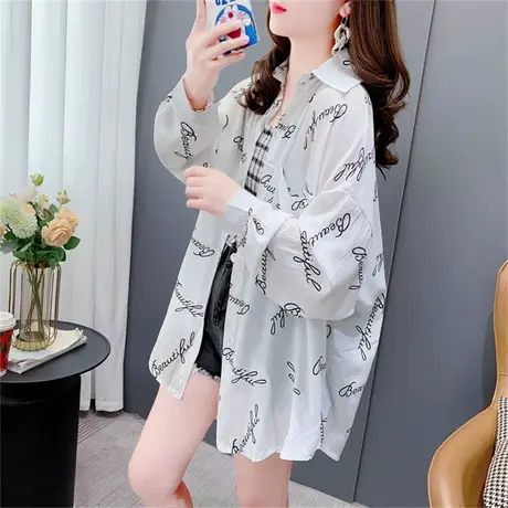中长款印花字母防晒衬衫女夏季2023新款宽松透气时尚百搭外套上衣商品大图