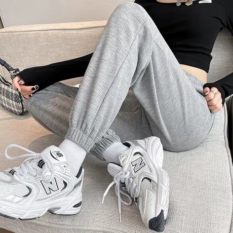 华夫格卫裤女春秋季2023新款秋冬加绒加厚外穿灰色运动裤休闲裤子图片