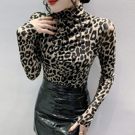 半高领豹纹打底衫女加绒春秋2024新款气质网纱上衣显瘦修身T恤ins图片