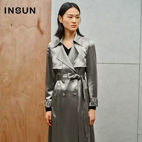 INSUN恩裳线上专选秋季醋酸纽扣长款风衣外套图片
