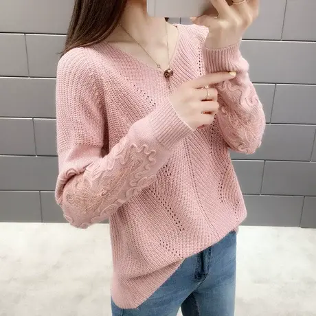 2024春季新款V领针织衫女上衣套头打底衫薄款勾花镂空蕾丝女毛衣图片